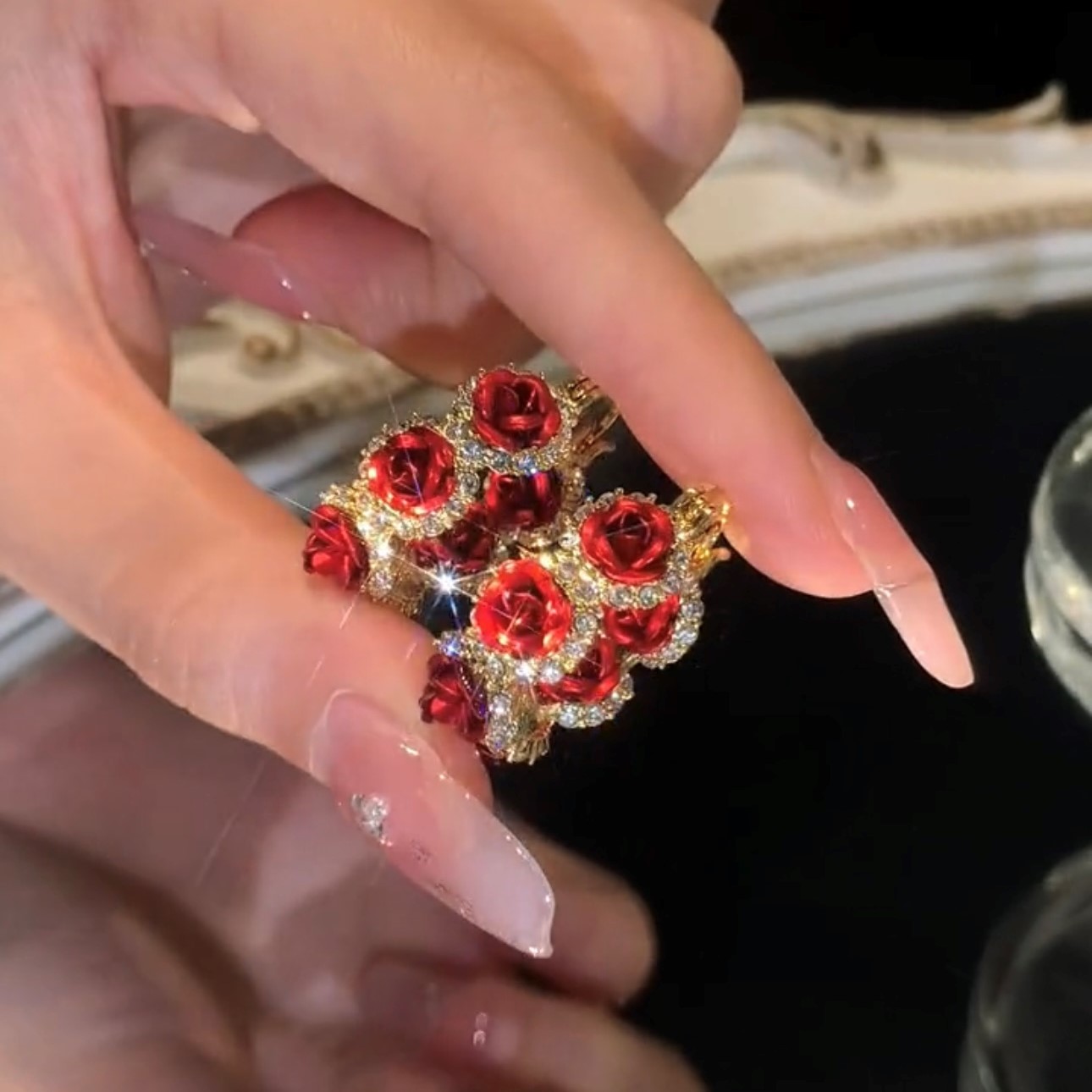 復古紅色玫瑰花氣質耳環