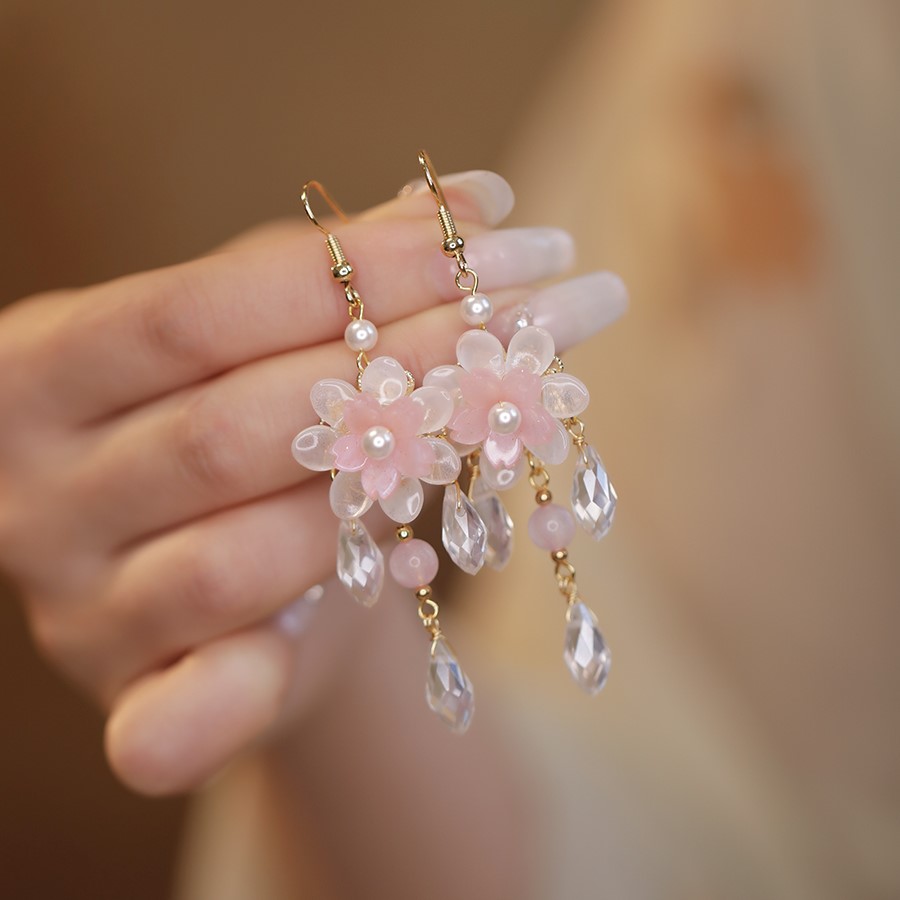 粉色花朵流蘇耳環