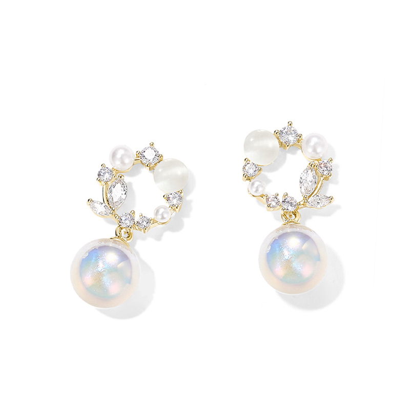 貓眼石珍珠花環耳環-FANYIACC