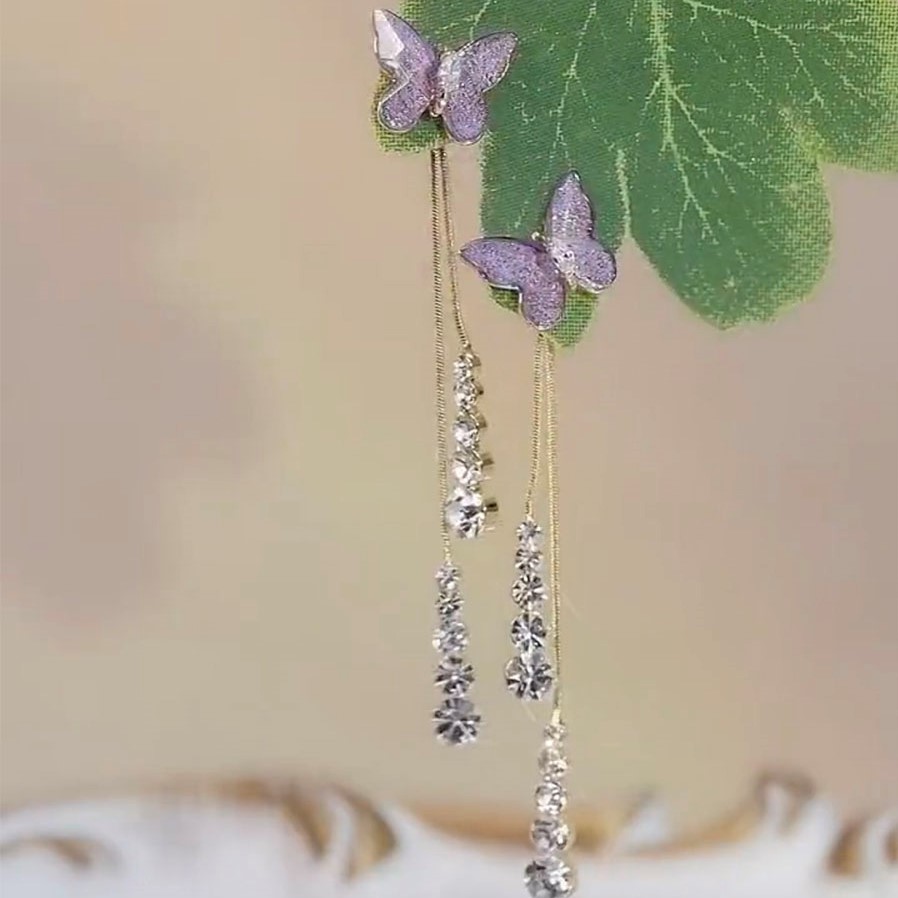 紫色水晶閃鑽蝴蝶耳環-FANYIACC