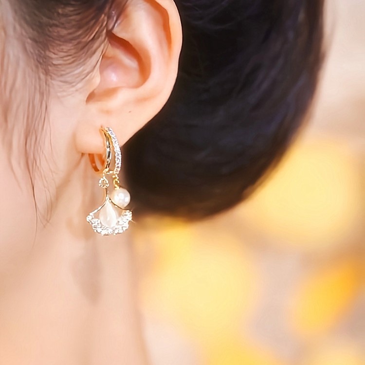 貓眼石銀杏葉耳扣耳環-FANYIACC