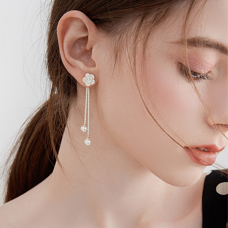 花朵珍珠流蘇耳環-FANYIACC