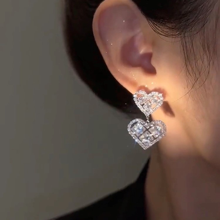 雙排鑲鑽桃心耳環-FANYIACC
