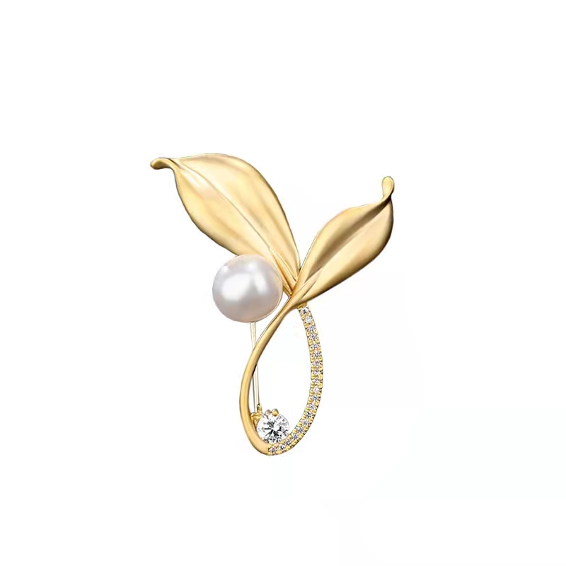 黃色葉子珍珠胸針 毛衣西裝配飾-FANYIACC