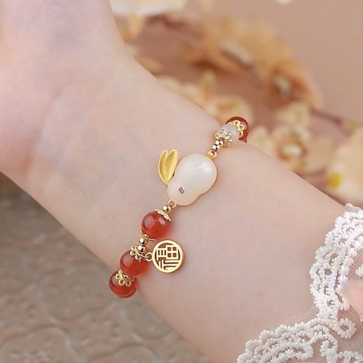 天然紅瑪瑙相思紅豆手錬-FANYIACC