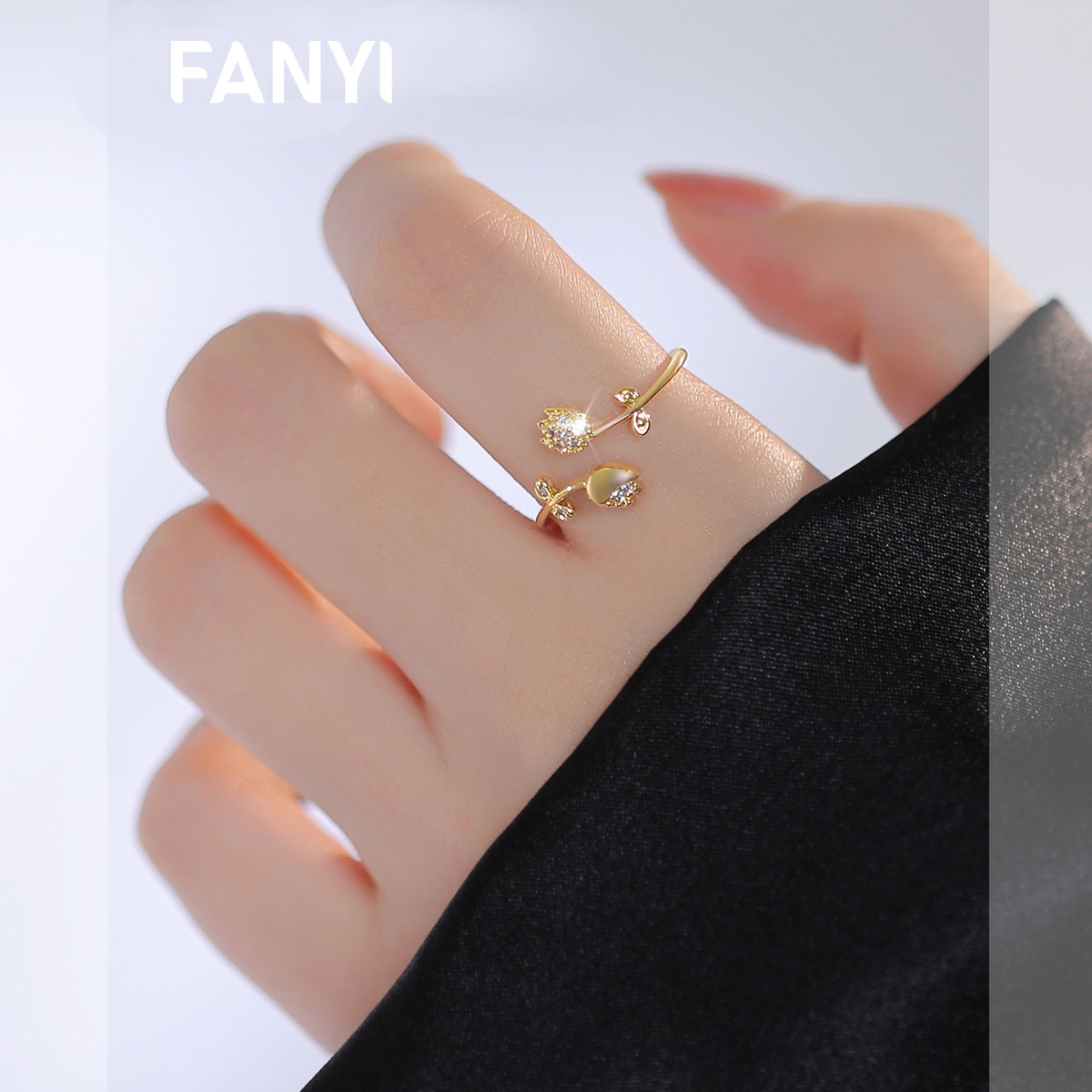 滿鑽鬱金香開口戒指-FANYIACC