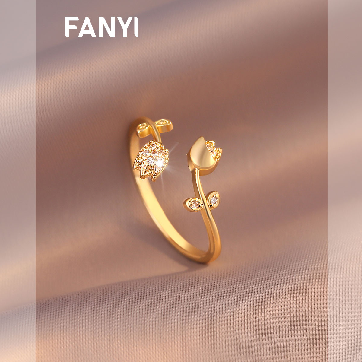 滿鑽鬱金香開口戒指-FANYIACC