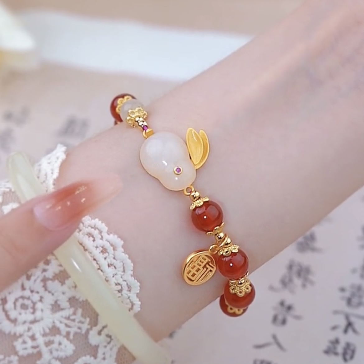 天然紅瑪瑙相思紅豆手錬-FANYIACC