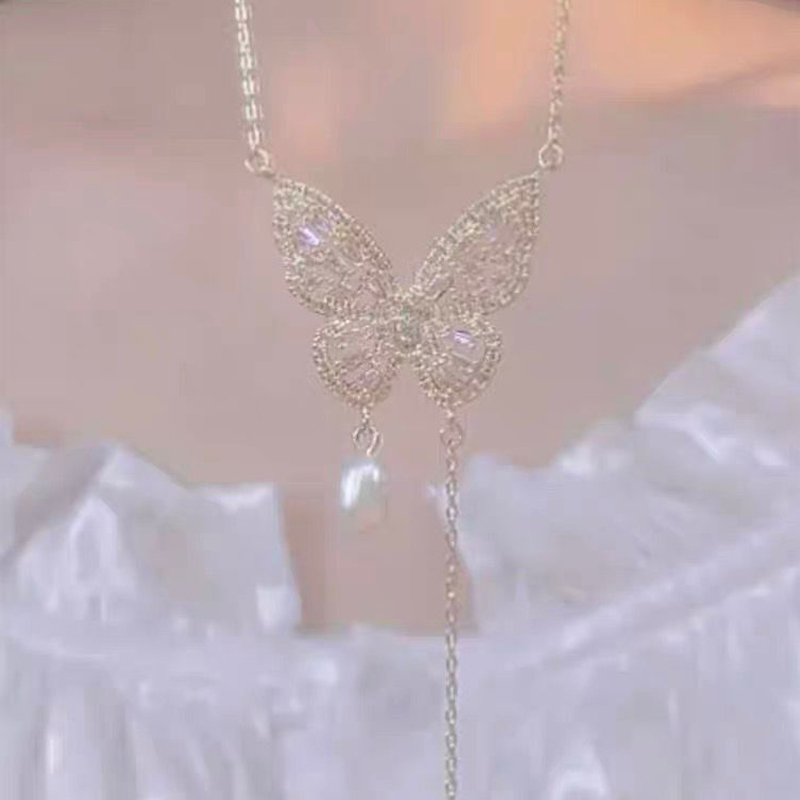 超閃鋯石蝴蝶珍珠項鍊 -FANYIACC