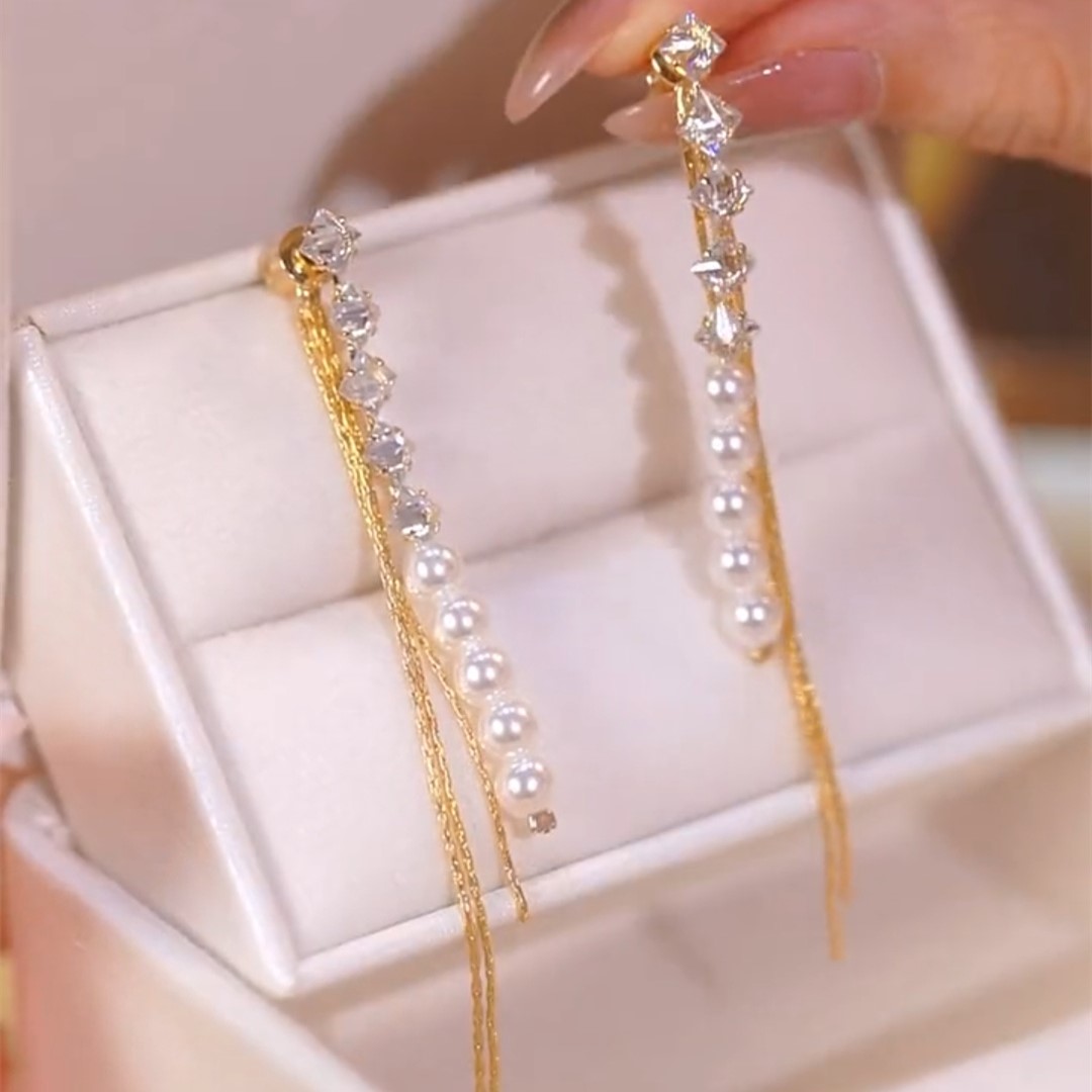 長款鋯石流蘇珍珠耳環 · 一款兩戴-FANYIACC