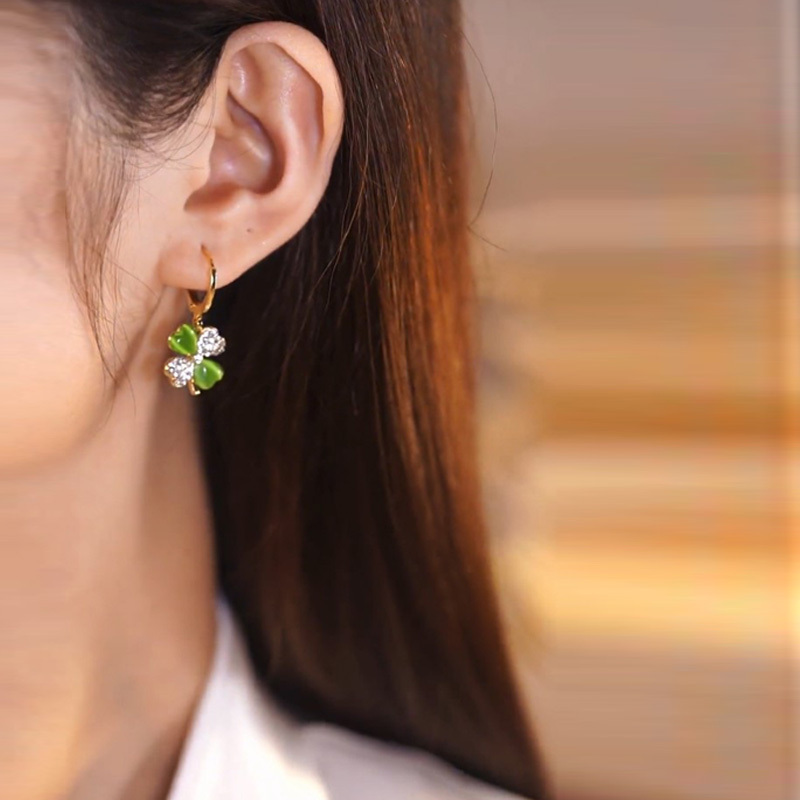 貓眼石綠色四葉草耳環-FANYIACC