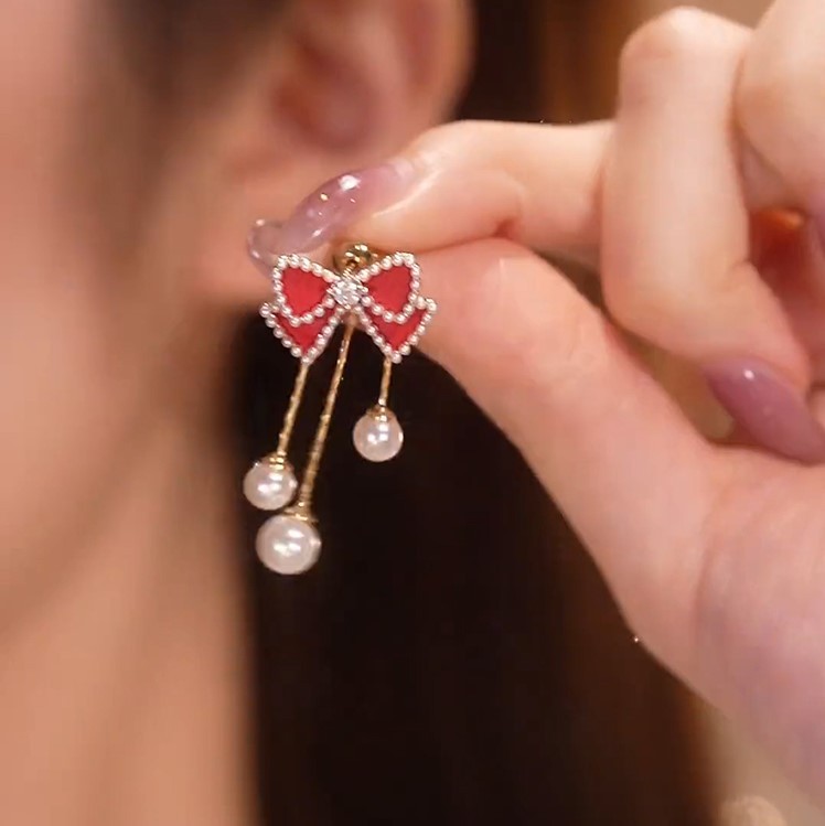 紅色蝴蝶結珍珠流蘇耳環-FANYIACC