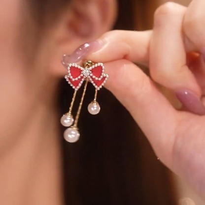 紅色蝴蝶結珍珠流蘇耳環-FANYIACC