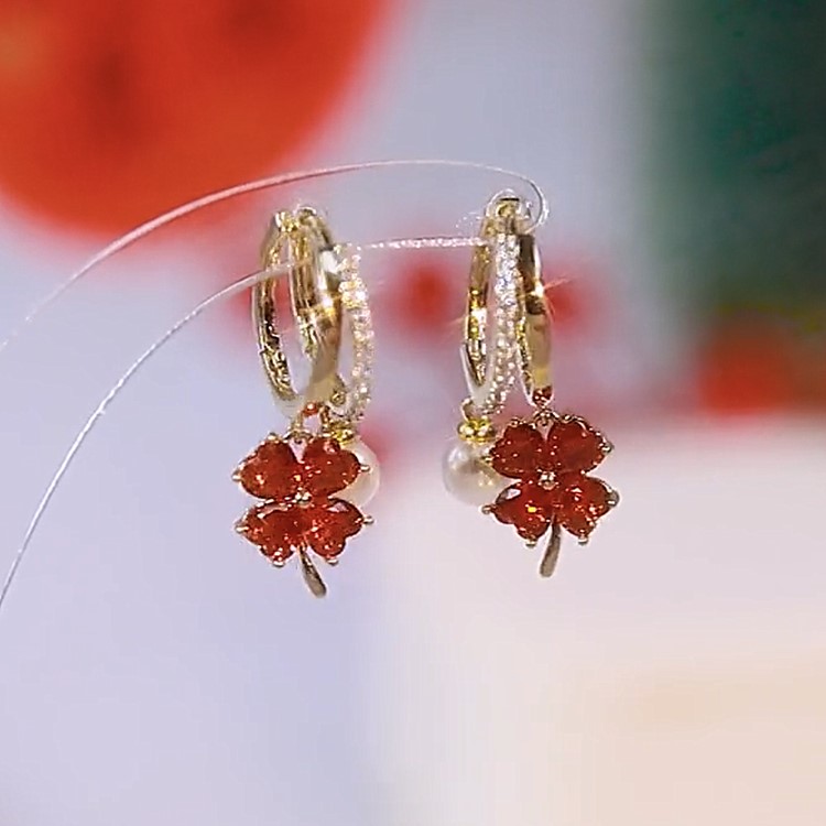 紅色鋯石四葉草珍珠耳環-FANYIACC