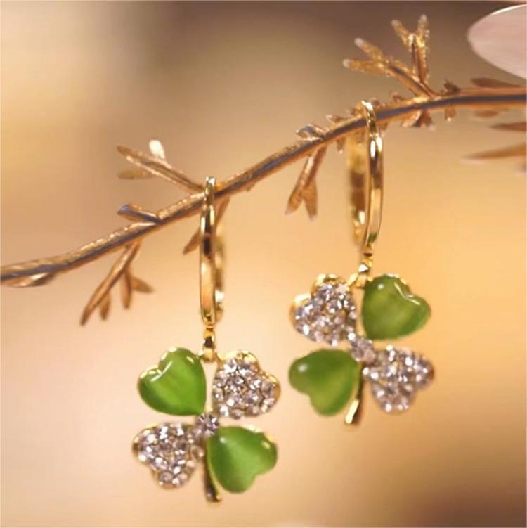 貓眼石綠色四葉草耳環-FANYIACC