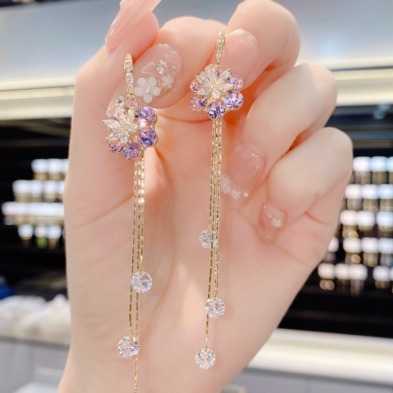 紫色甜心花朵流蘇耳環 -FANYIACC