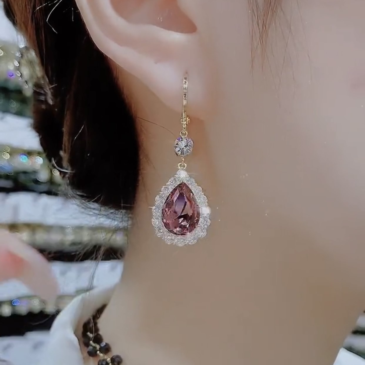 紫色水晶水滴耳環-FANYIACC