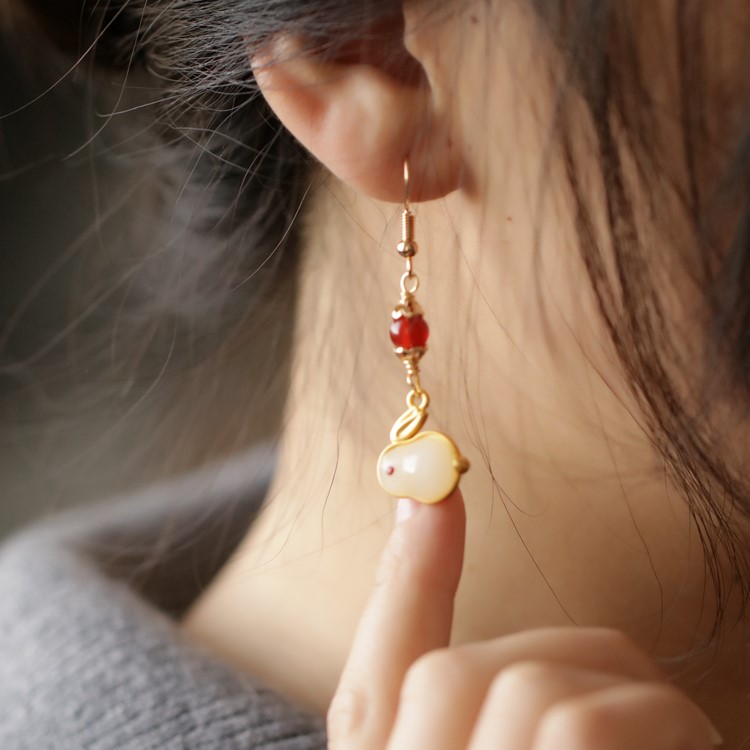 和田玉 兔子耳環 復古吊墜-FANYIACC