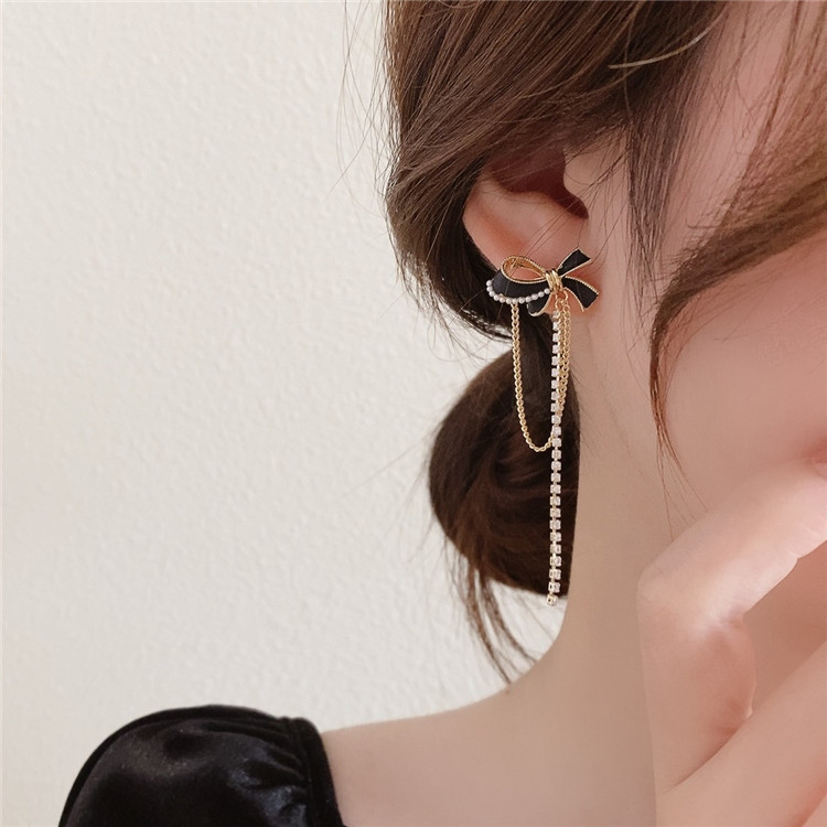 珍珠蝴蝶結流蘇耳環-FANYIACC