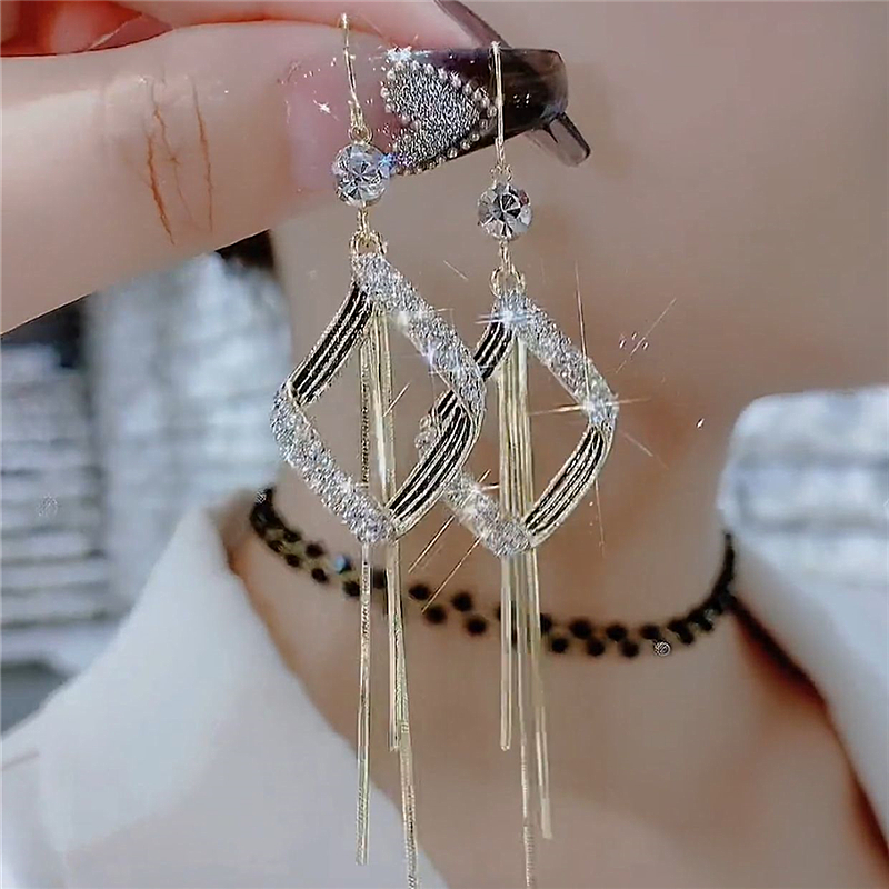 幾何菱形碎鑽流蘇耳環 -FANYIACC