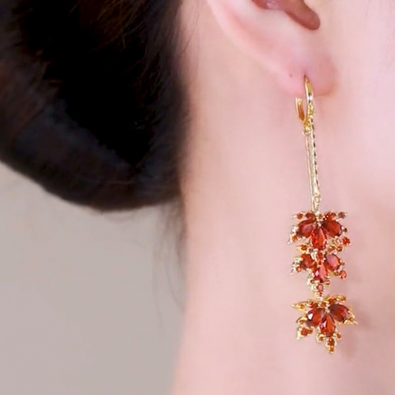 新款紅色楓葉水晶流蘇耳環 -FANYIACC