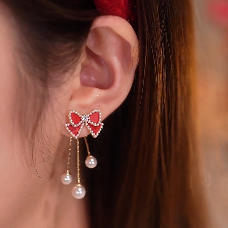 紅色蝴蝶結珍珠流蘇耳環-FANYIACC