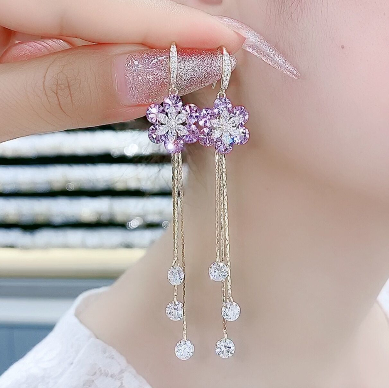 紫色&白色花朵閃鑽流蘇耳環-FANYIACC