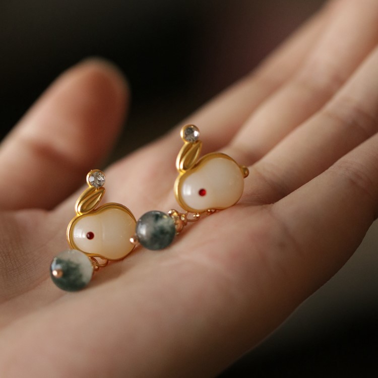 和田玉 兔子耳環 復古吊墜-FANYIACC