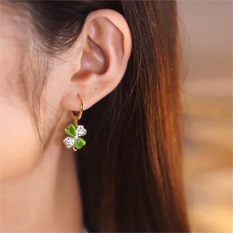 貓眼石綠色四葉草耳環-FANYIACC