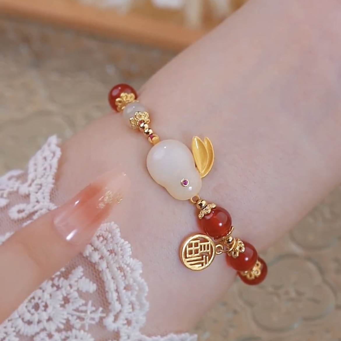 天然紅瑪瑙相思紅豆手錬-FANYIACC