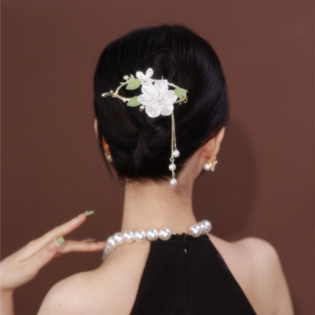 花朵珠珠流蘇髮夾 -FANYIACC