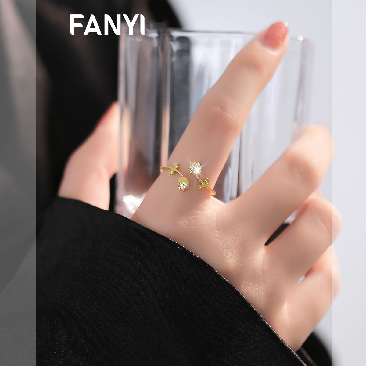 滿鑽鬱金香開口戒指-FANYIACC