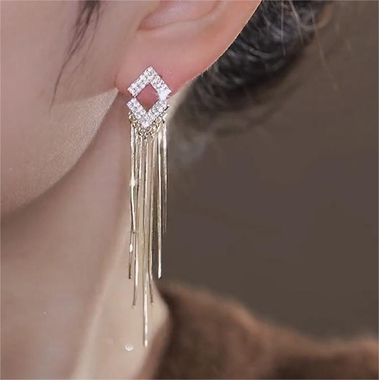 閃鑽菱形長款流蘇耳環-FANYIACC