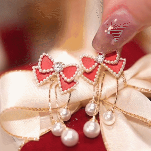 紅色蝴蝶結珍珠流蘇耳環-FANYIACC
