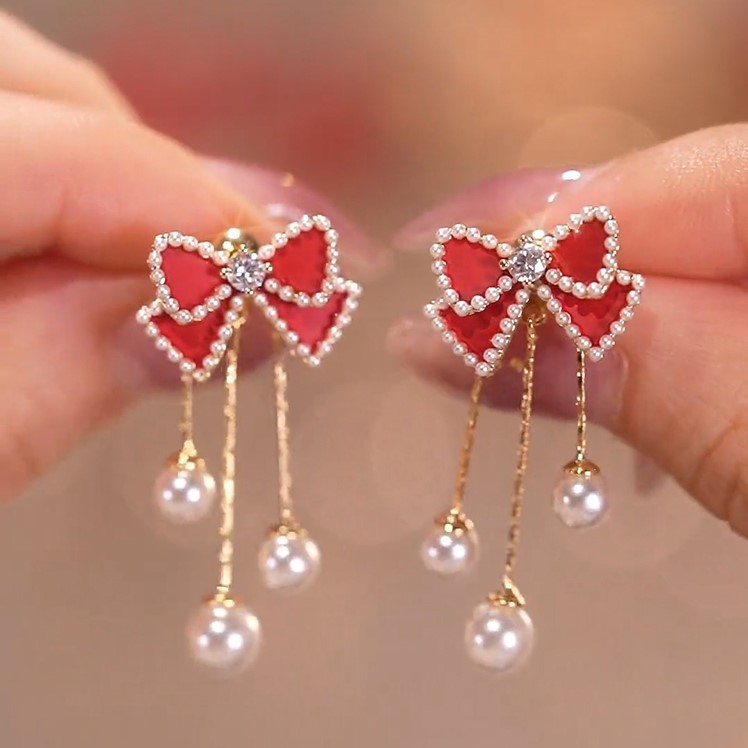 紅色蝴蝶結珍珠流蘇耳環-FANYIACC
