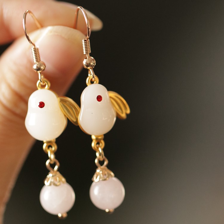 和田玉 兔子耳環 復古吊墜-FANYIACC