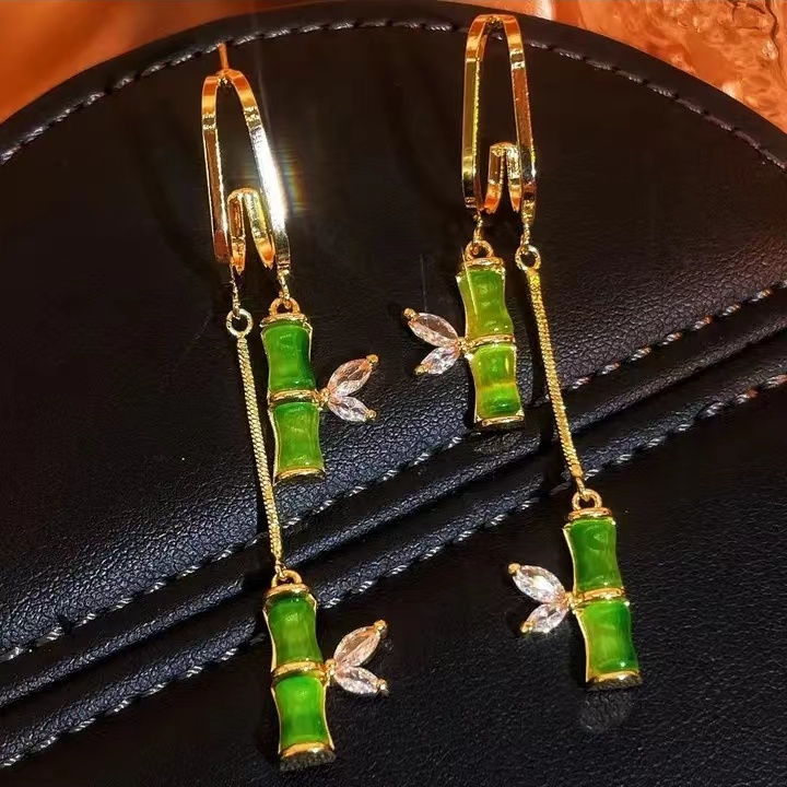 綠色竹節長款流蘇耳環-FANYIACC