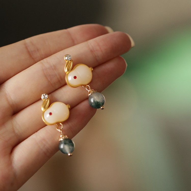和田玉 兔子耳環 復古吊墜-FANYIACC