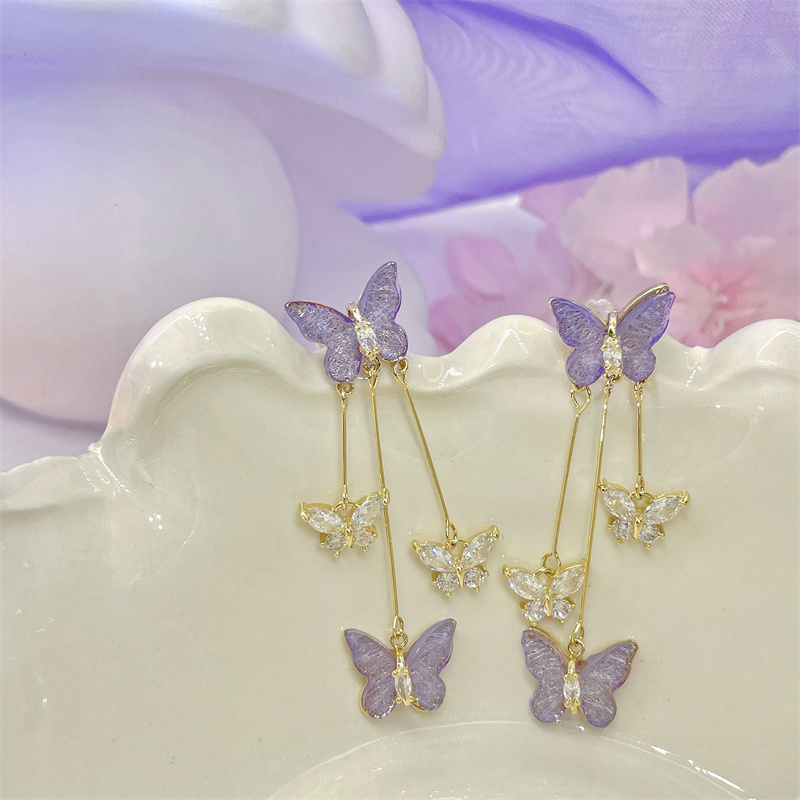 紫色水晶蝴蝶流蘇耳環-FANYIACC