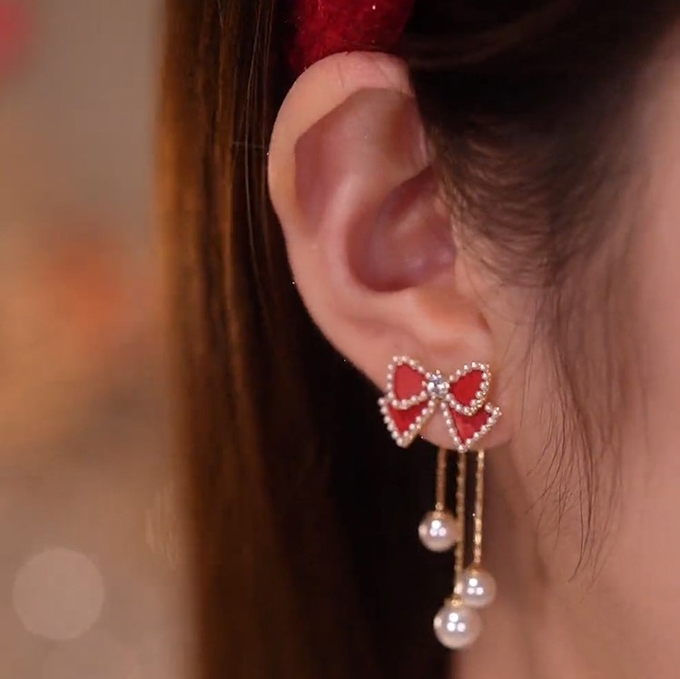 紅色蝴蝶結珍珠流蘇耳環-FANYIACC