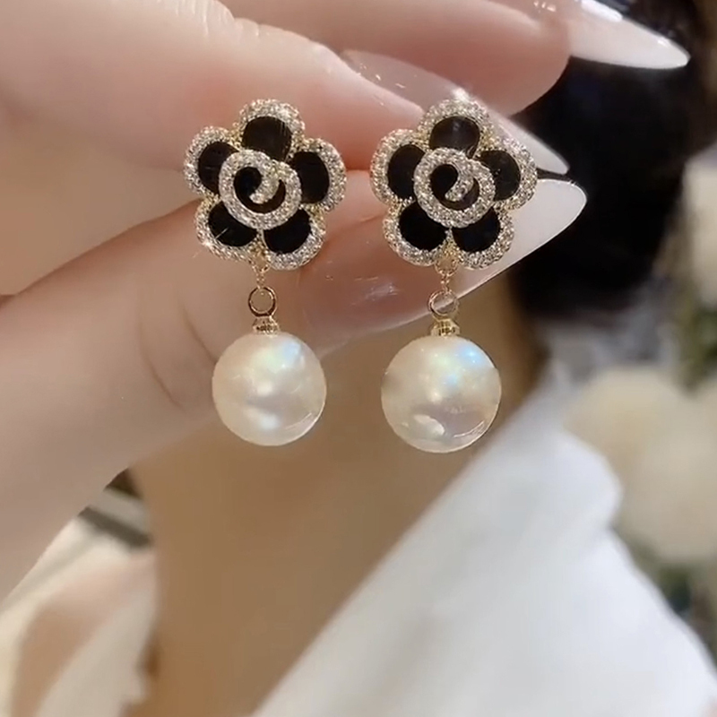 黑色花朵珍珠耳環-FANYIACC