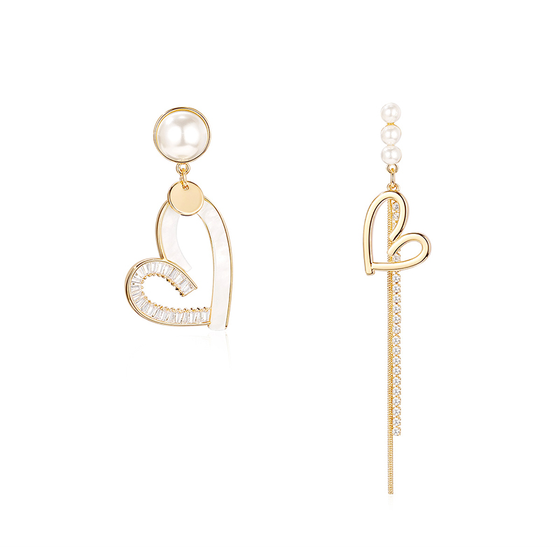 不對稱愛心珍珠流蘇耳環-FANYIACC
