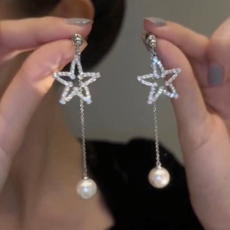 滿鑽鏤空五角星珍珠六五耳環