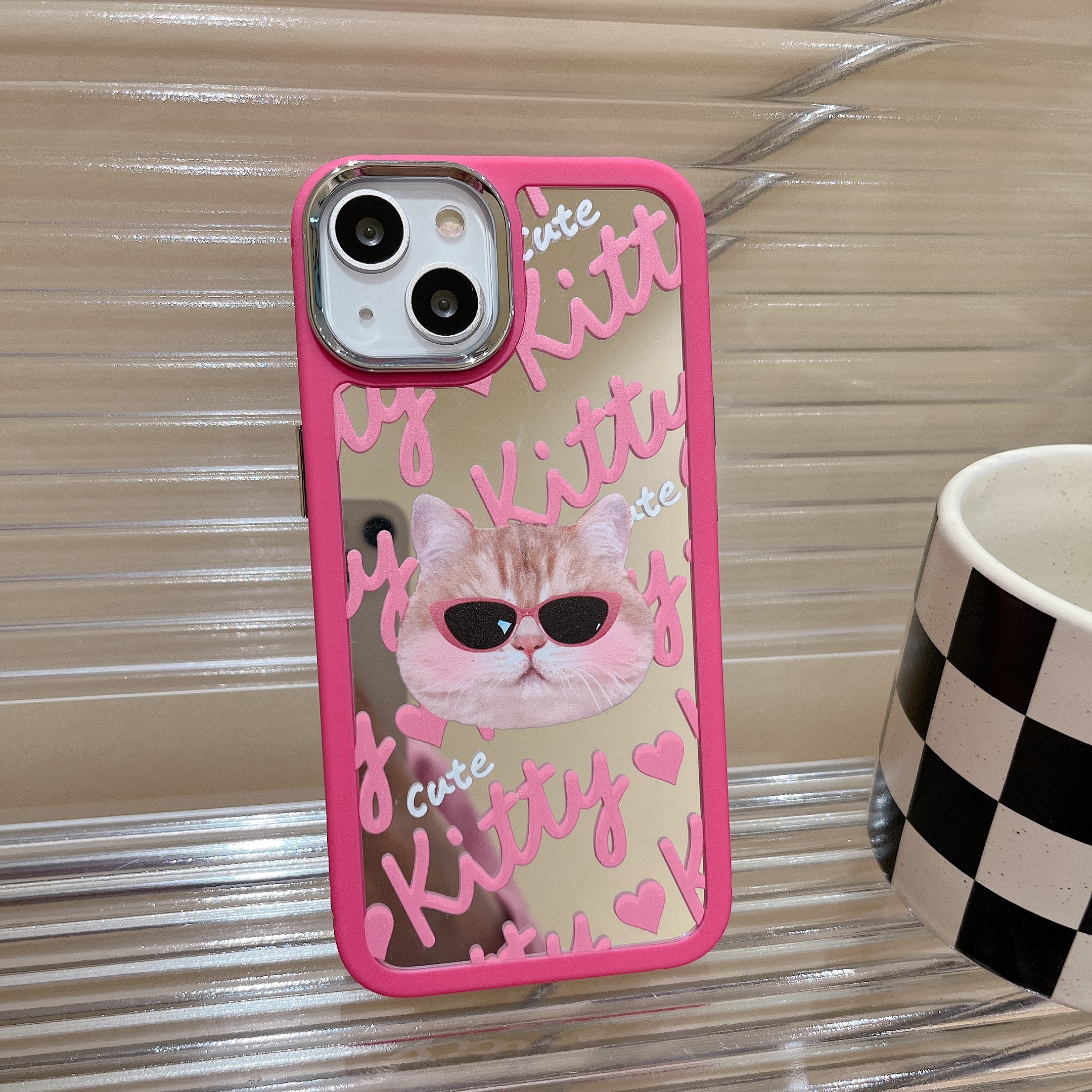 鏡面可愛粉色卡通貓咪手機保護殼