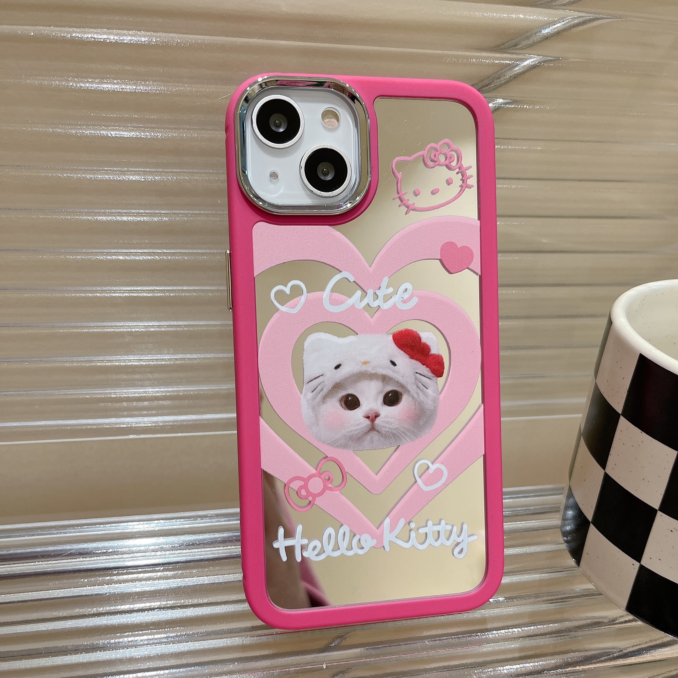 鏡面可愛粉色卡通貓咪手機保護殼-FANYIACC