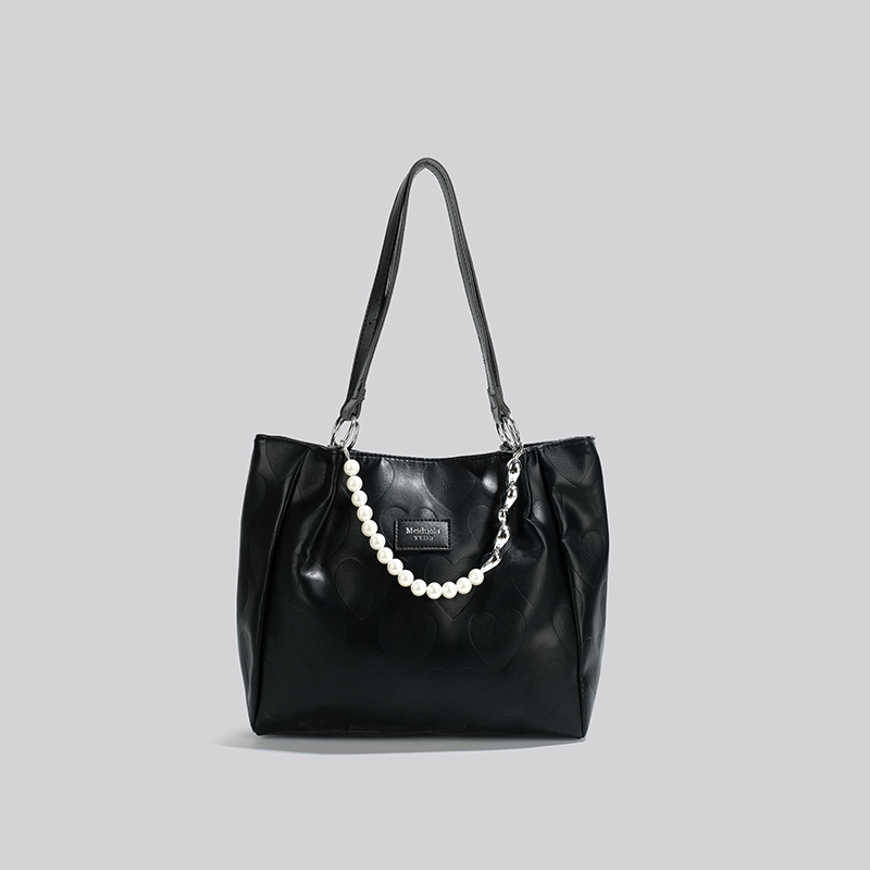 純色牛皮 愛心珍珠托特包   黑色