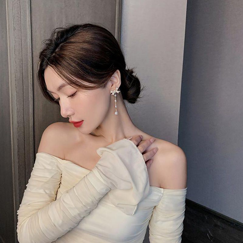 珍珠蝴蝶結流蘇耳環  -FANYIACC