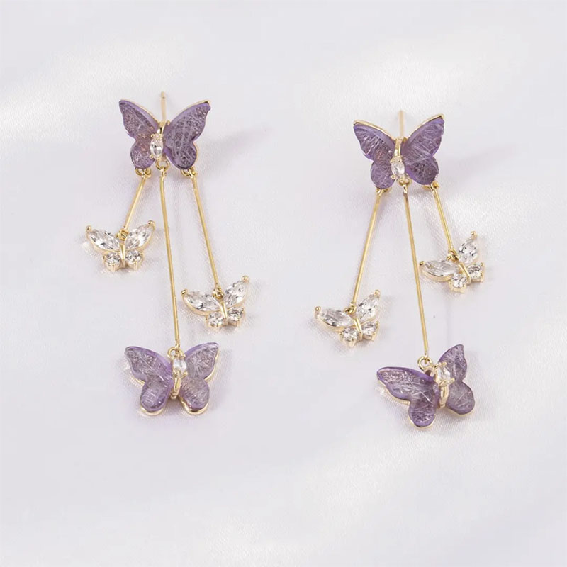 紫色水晶蝴蝶流蘇耳環-FANYIACC