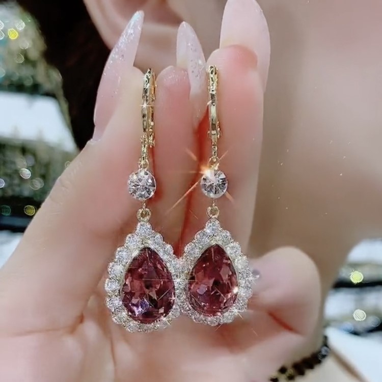 紫色水晶水滴耳環-FANYIACC