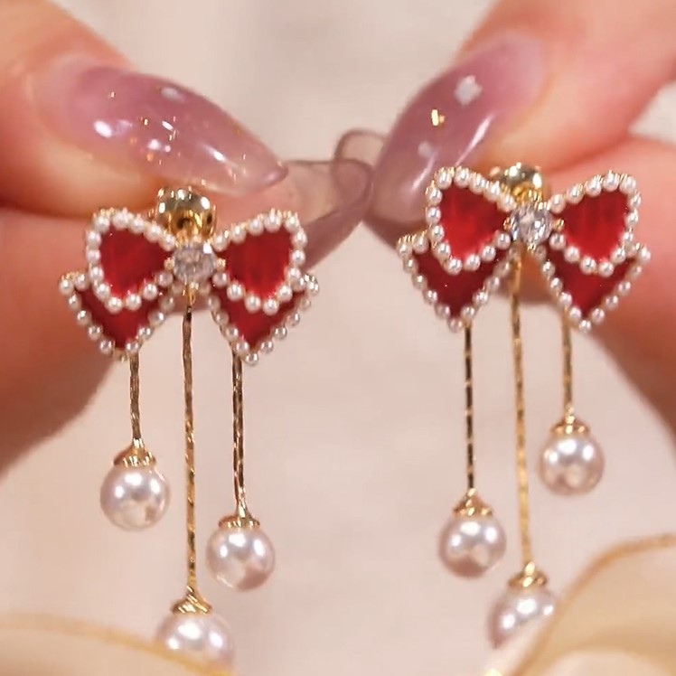紅色蝴蝶結珍珠流蘇耳環-FANYIACC